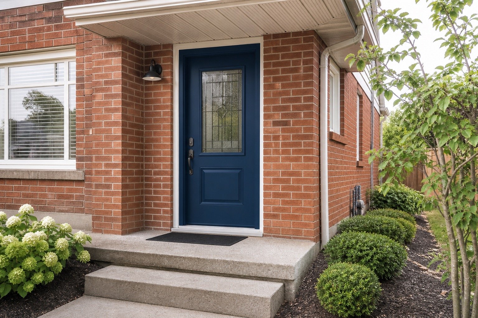 Blue entry door on an attainable Brampton brick home