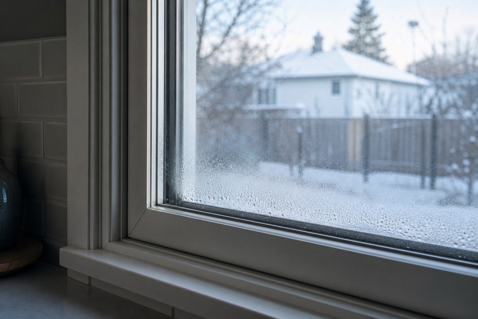 Interior condensation visible on a residential window