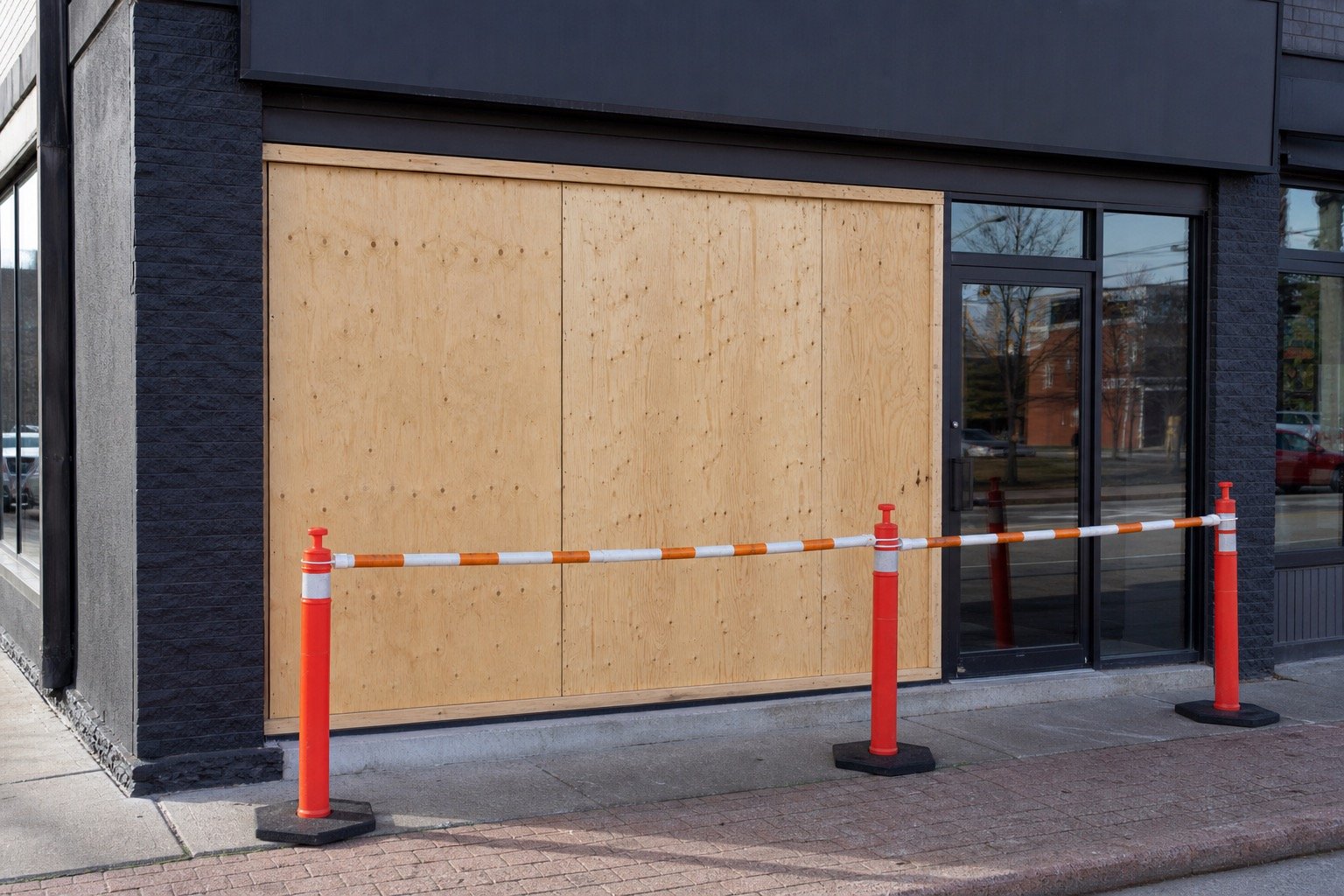 Safe temporary commercial opening protection before glass replacement