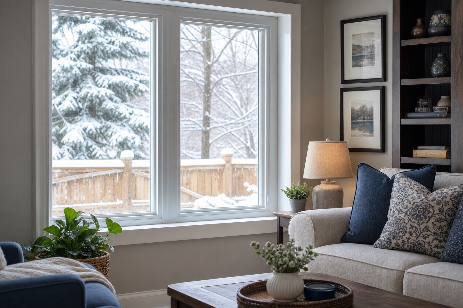 Comfortable Brampton home beside an energy-efficient window in winter