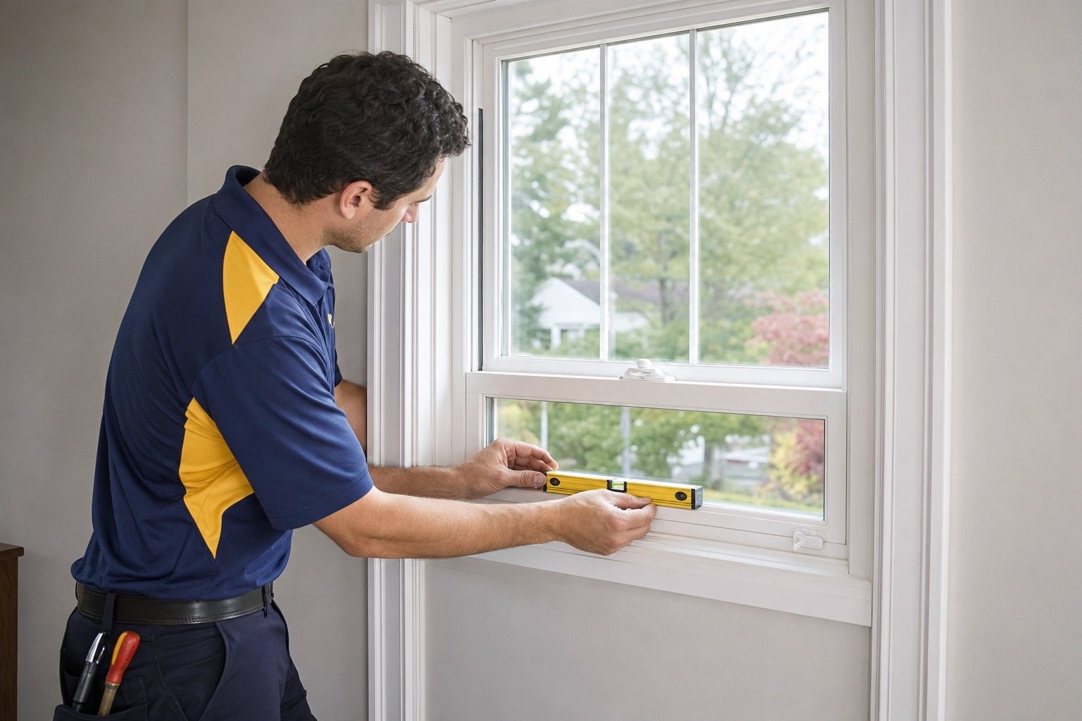 Technician checking a completed replacement window installation