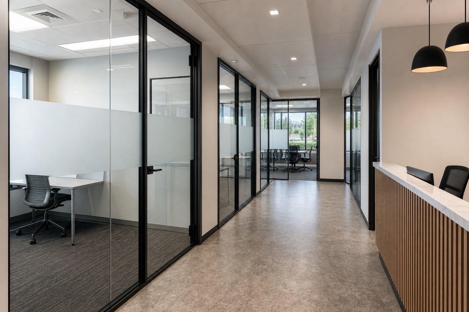 Finished commercial glass office partitions and doors