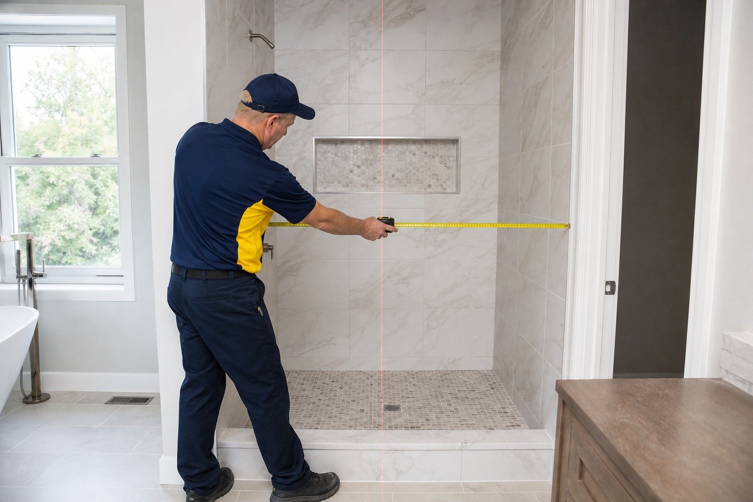 Brampton Windows technician measuring a tiled shower opening