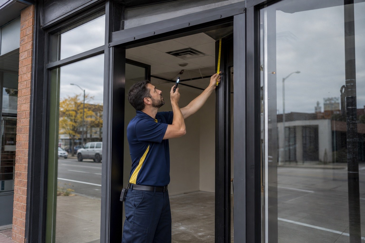 Brampton Windows technician assessing a small commercial storefront