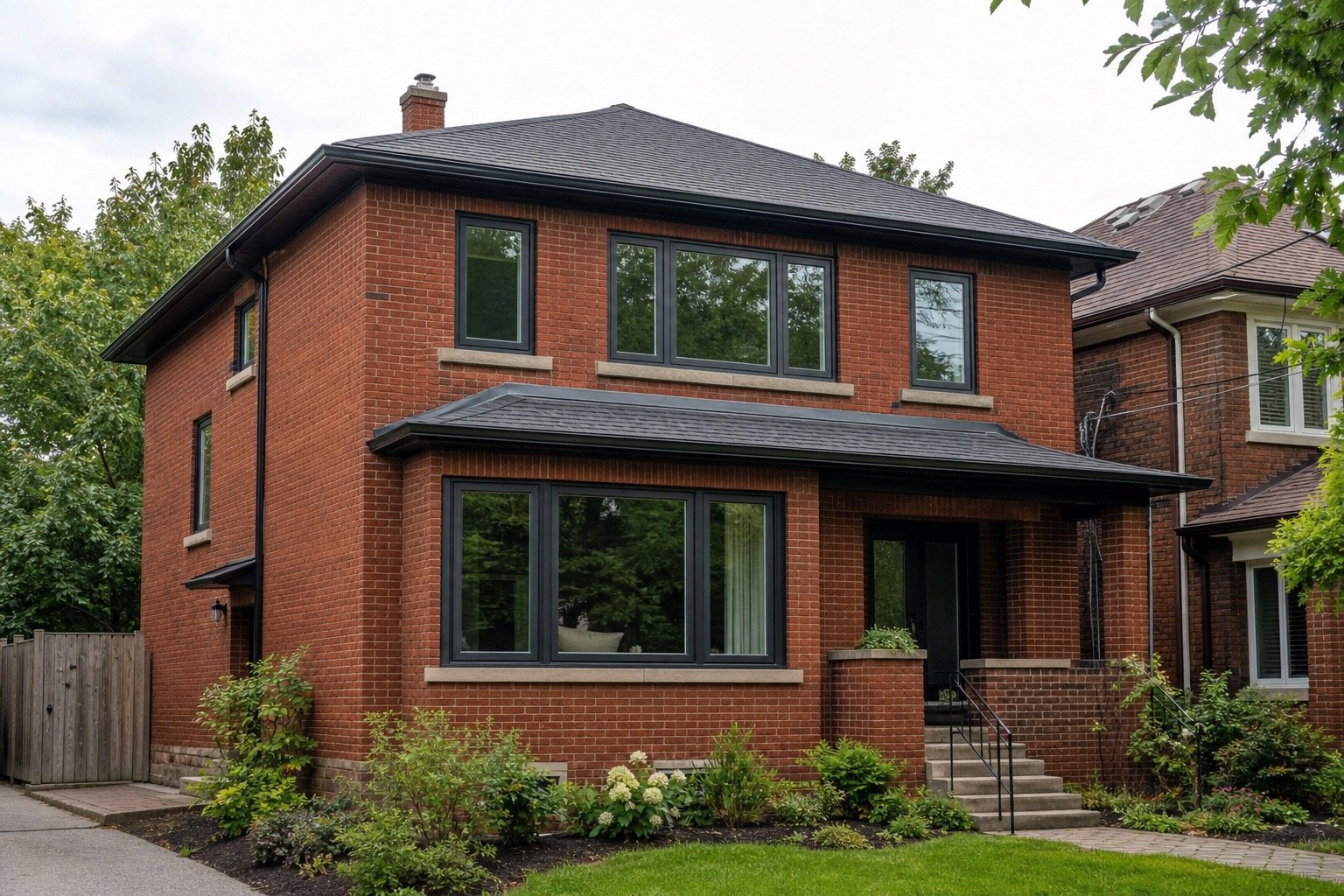 Brampton brick home showing several practical replacement window styles