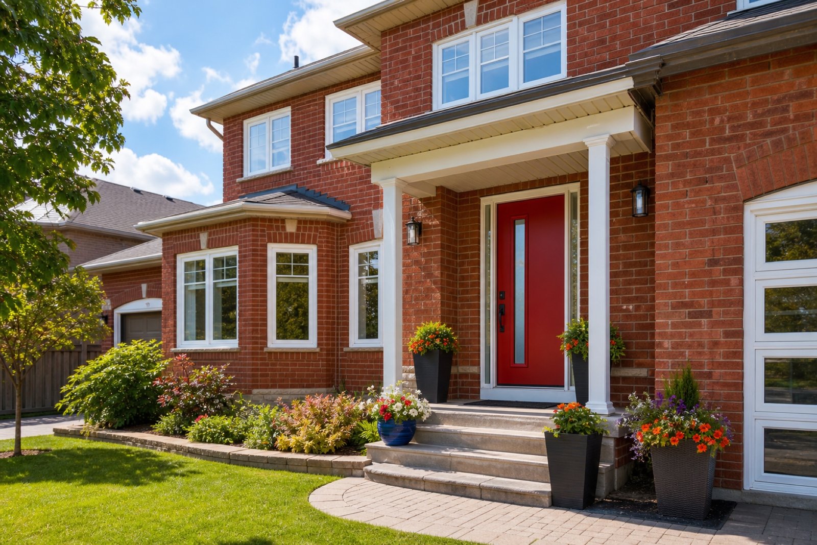 Bright Brampton brick home with white windows and a warm red front door