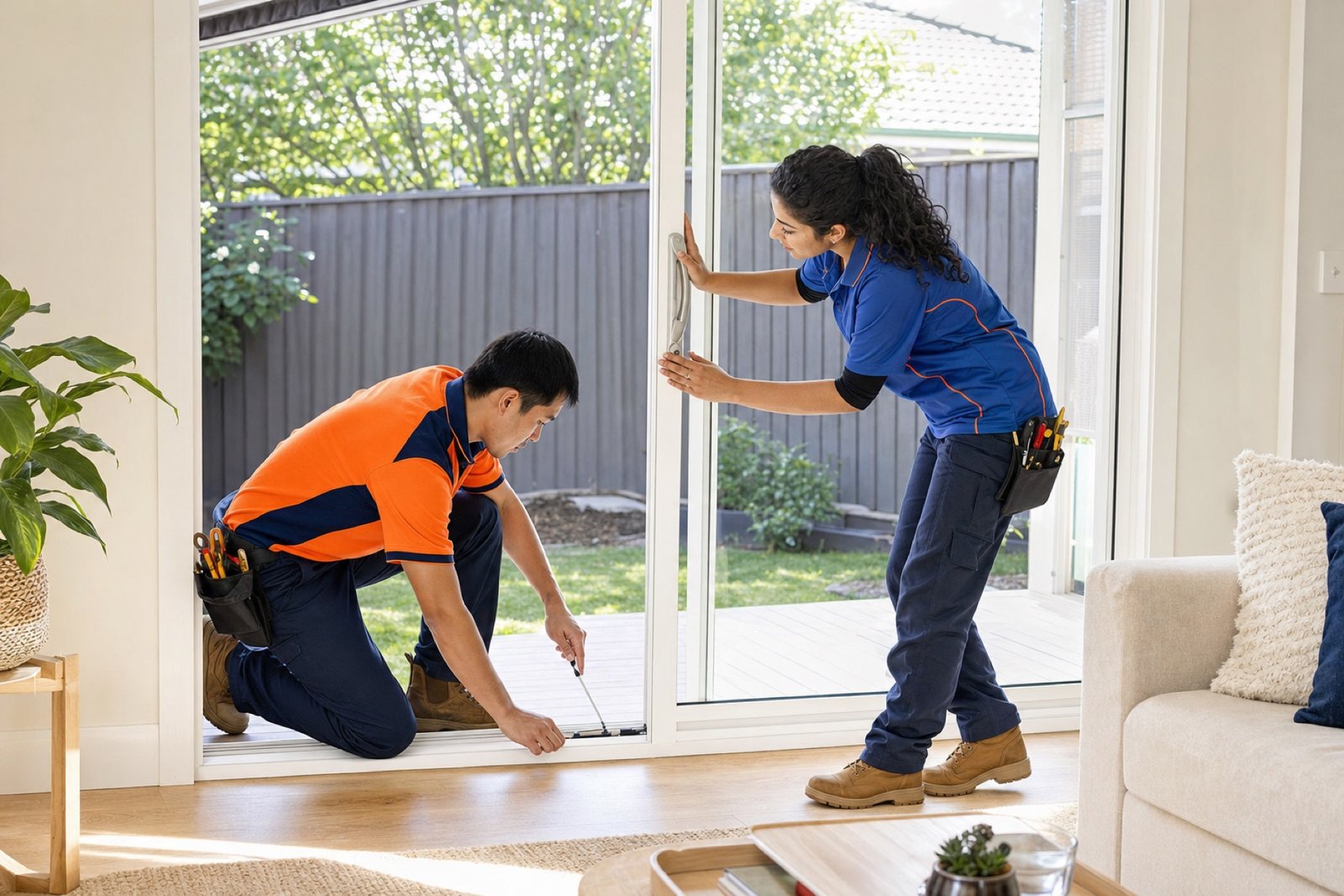 Two patio door technicians in bright orange and blue shirts checking a sliding door