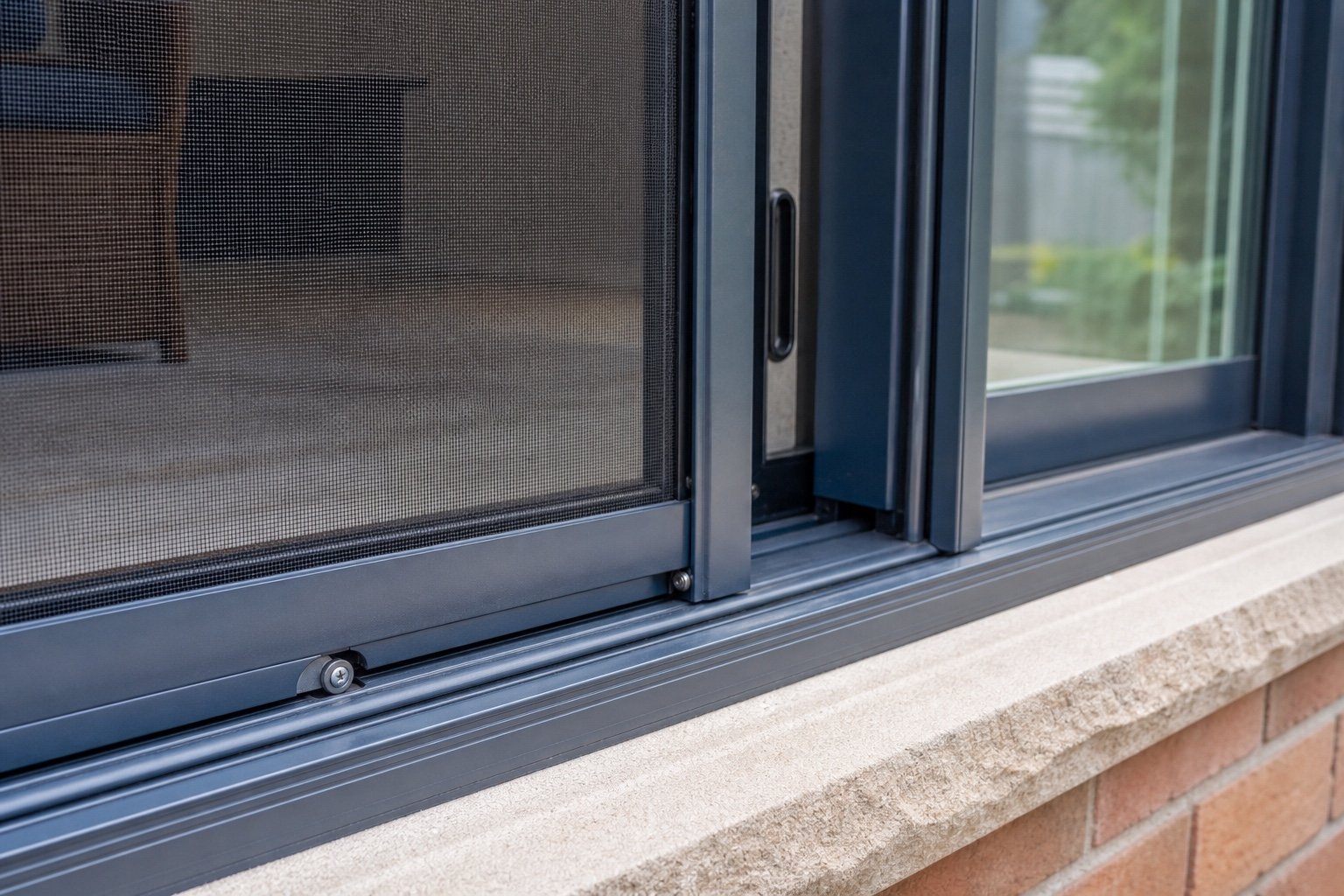 Sliding patio door screen, track and hardware detail