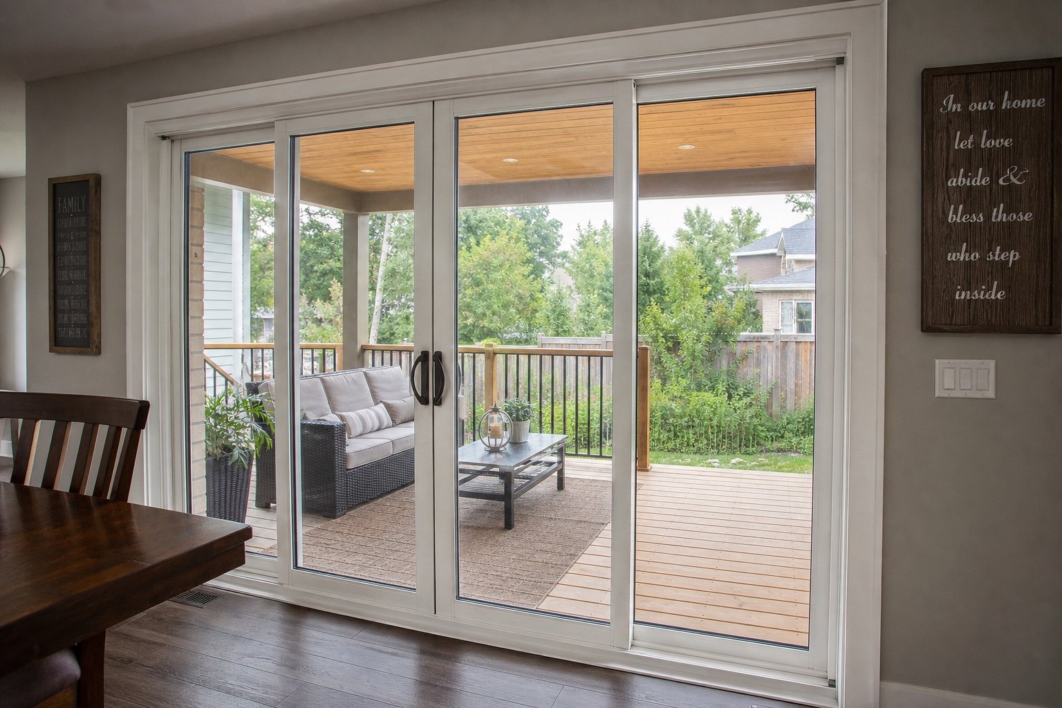 Wide multi-panel patio door in a bright living room