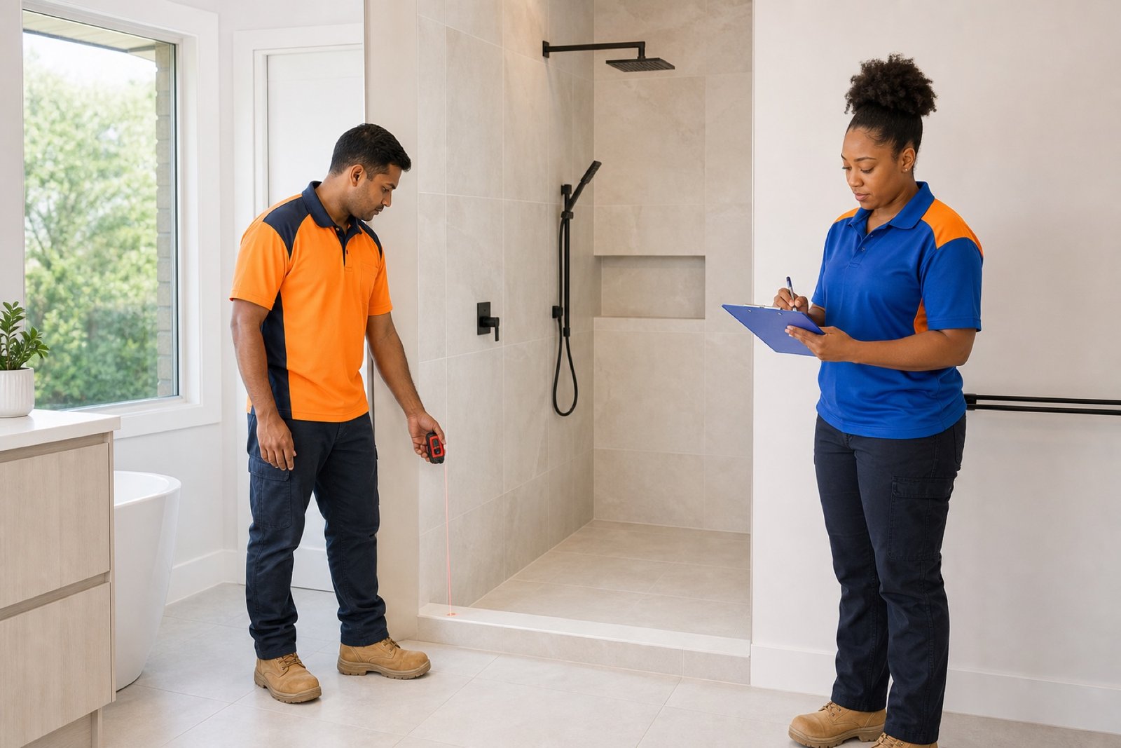 Two technicians in orange and blue shirts measuring and documenting a finished shower opening