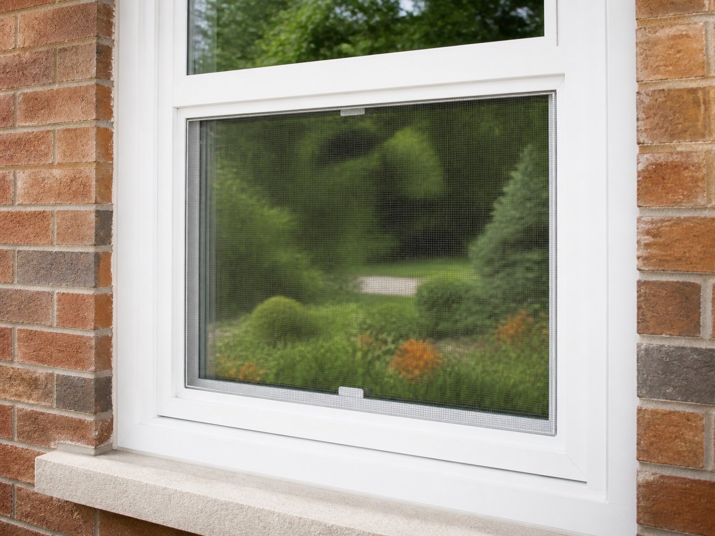 New white window screen fitted evenly in its exterior track