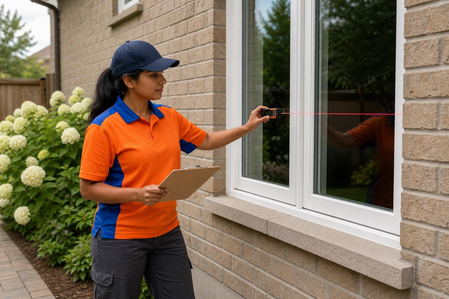 Technician checking the operation and dimensions of a residential window