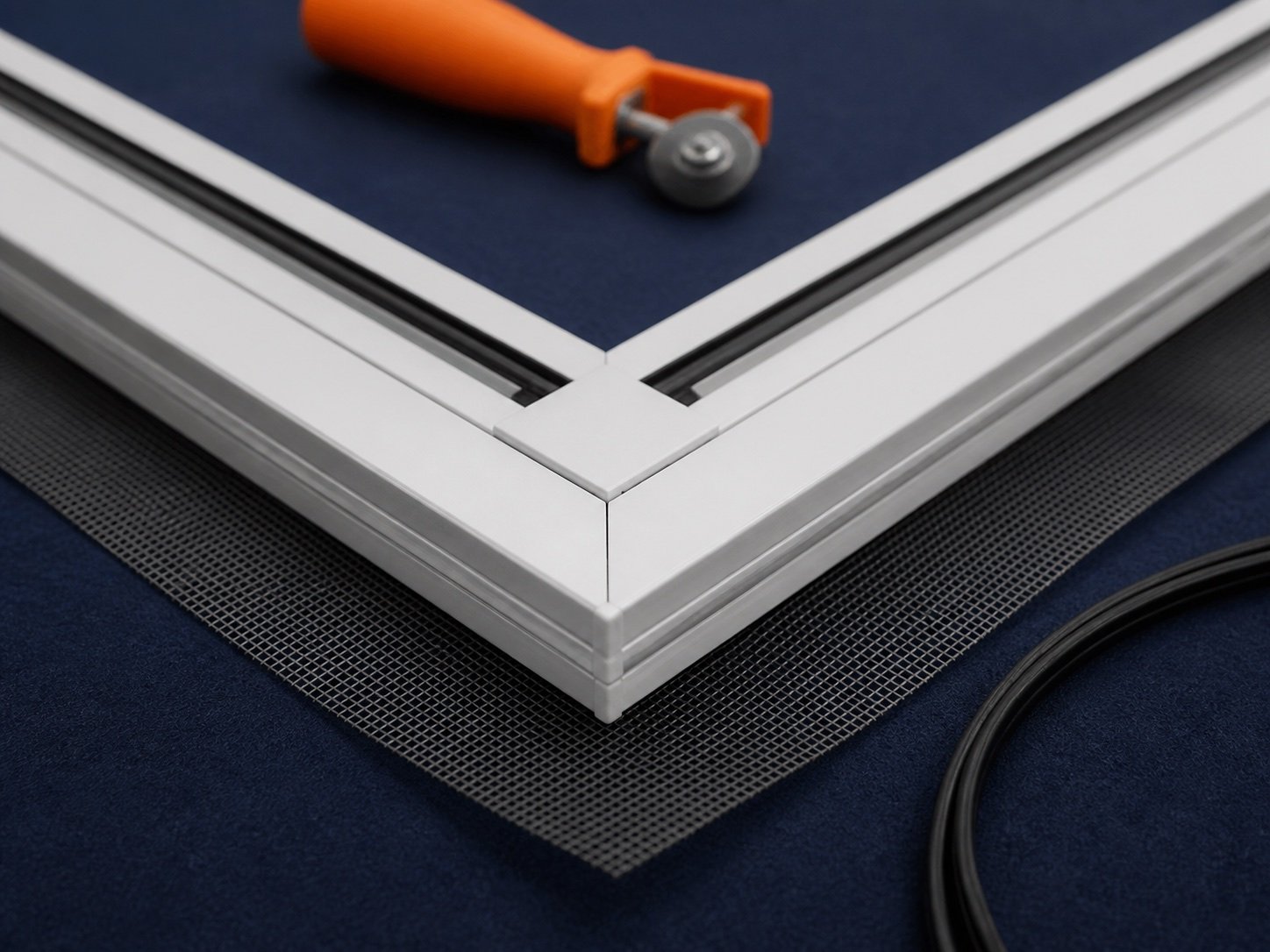 New white screen-frame corner prepared on a repair bench
