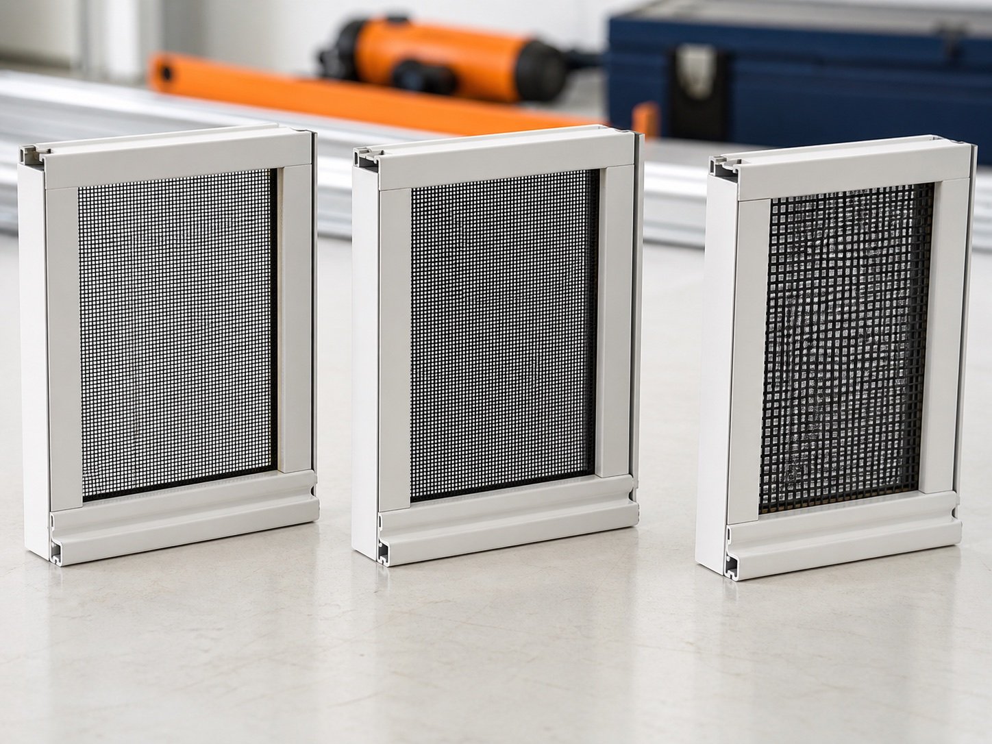 Three framed window-screen mesh samples shown side by side