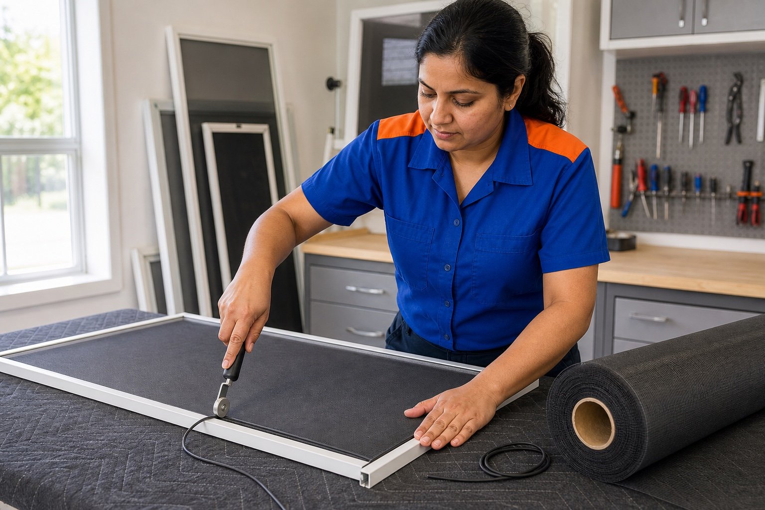 Screen mesh being installed into a frame at a Brampton repair bench