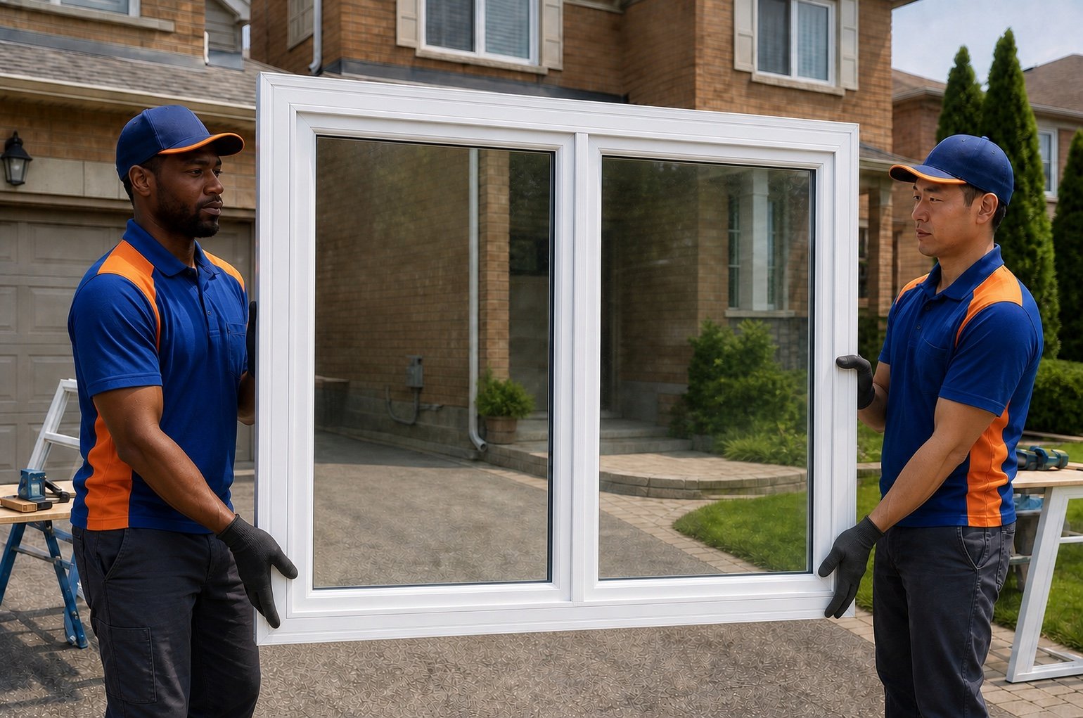 Two Brampton window installers positioning a white window by hand