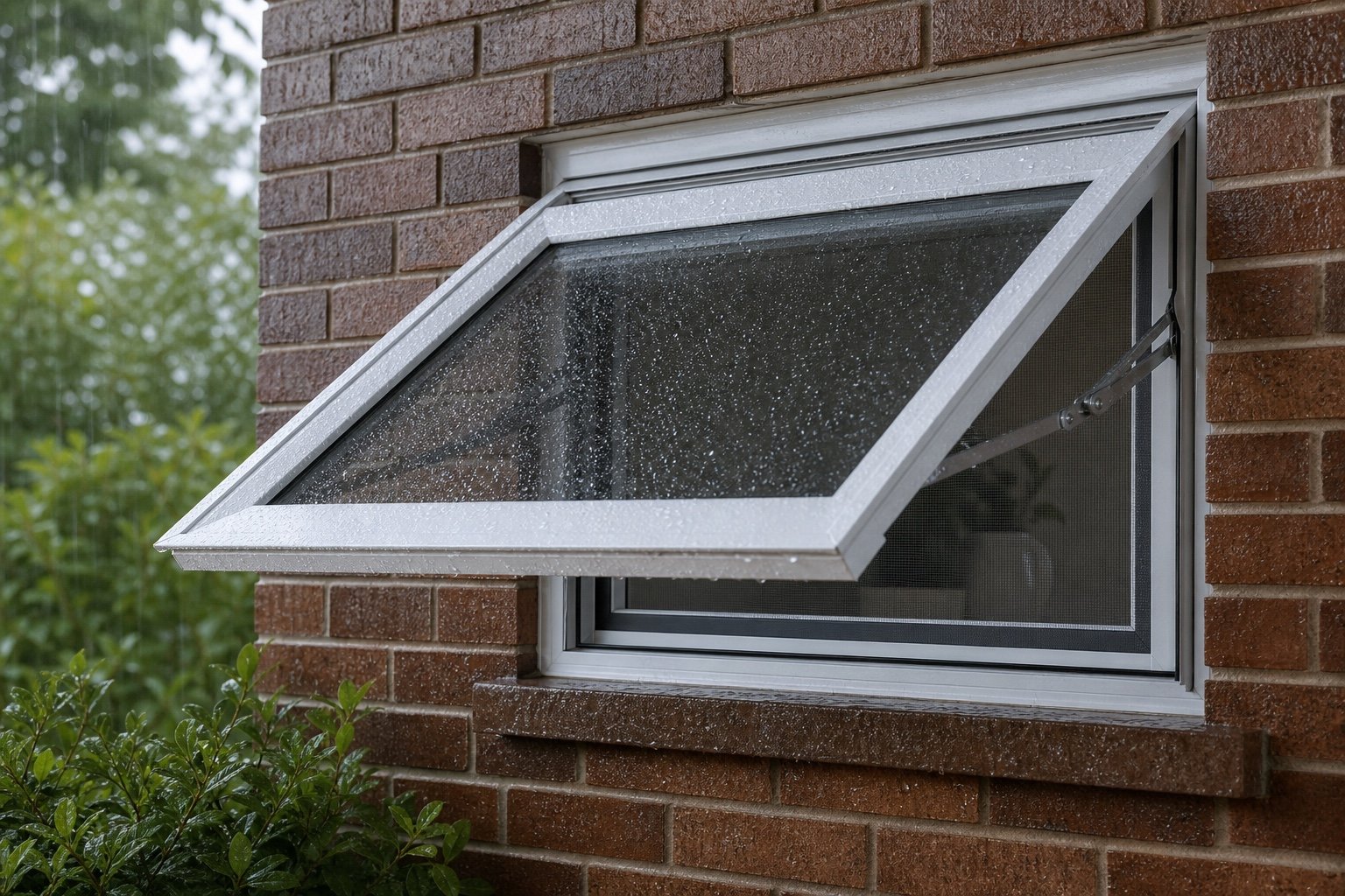 White awning window opening outward from the bottom