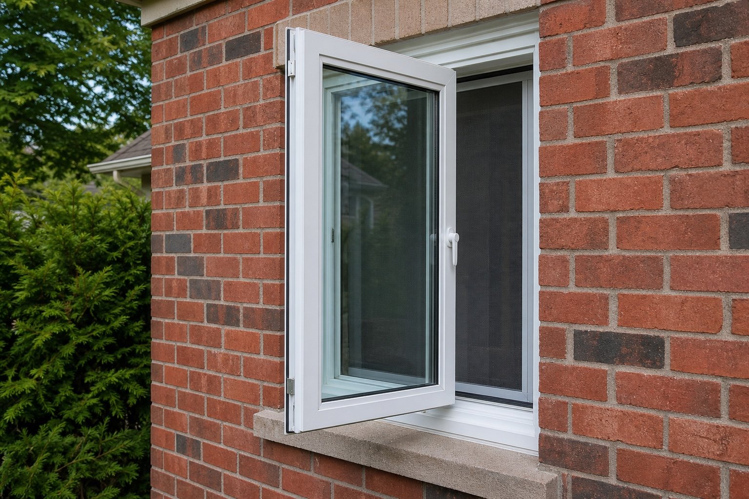 White casement window opening outward