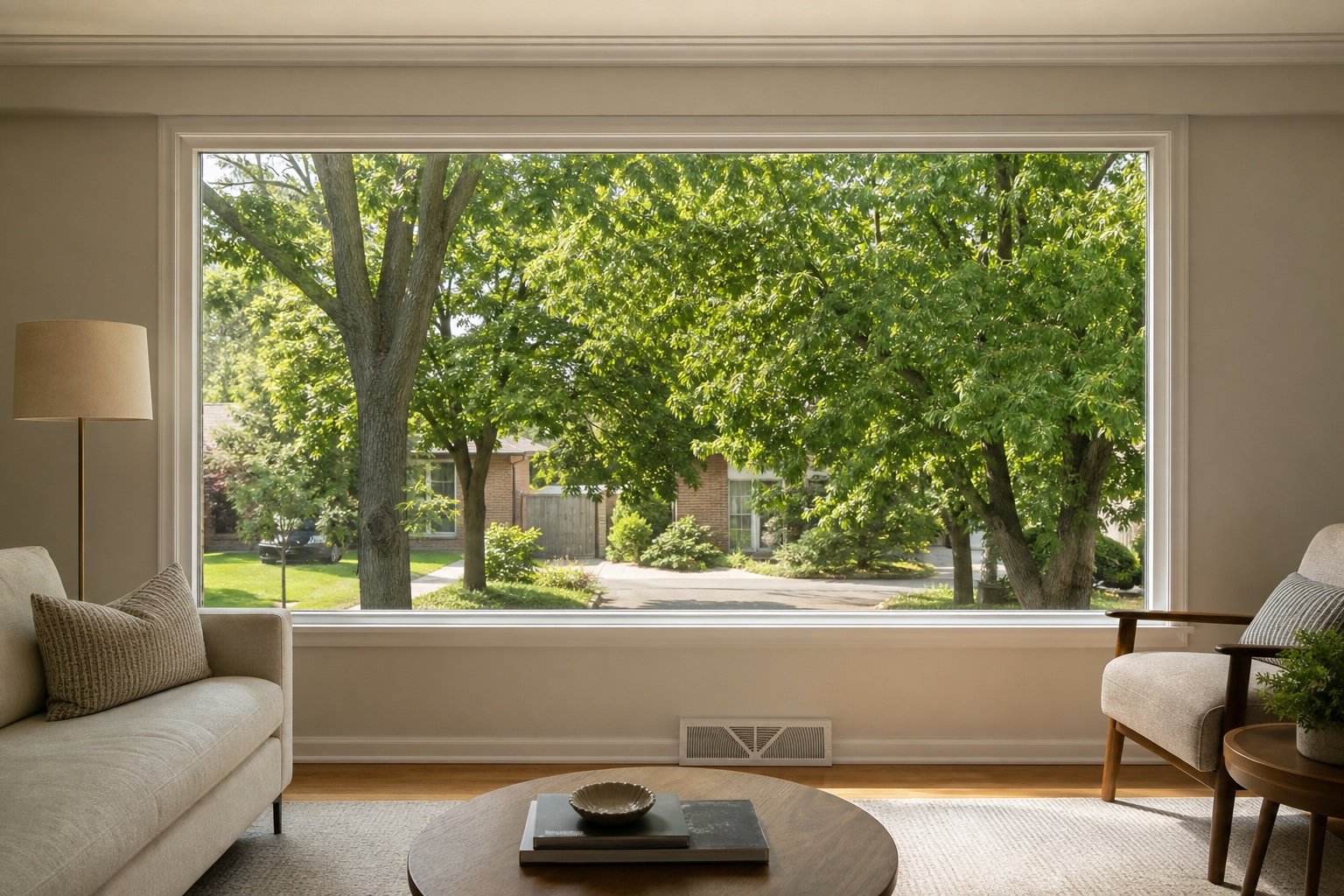 Large fixed picture window in a living room