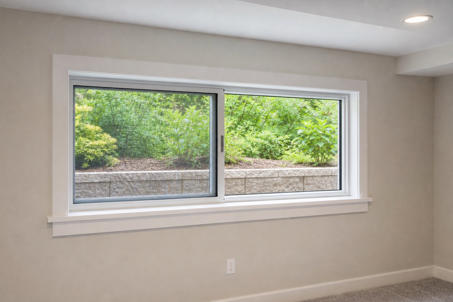 White sliding window in a lower-level room